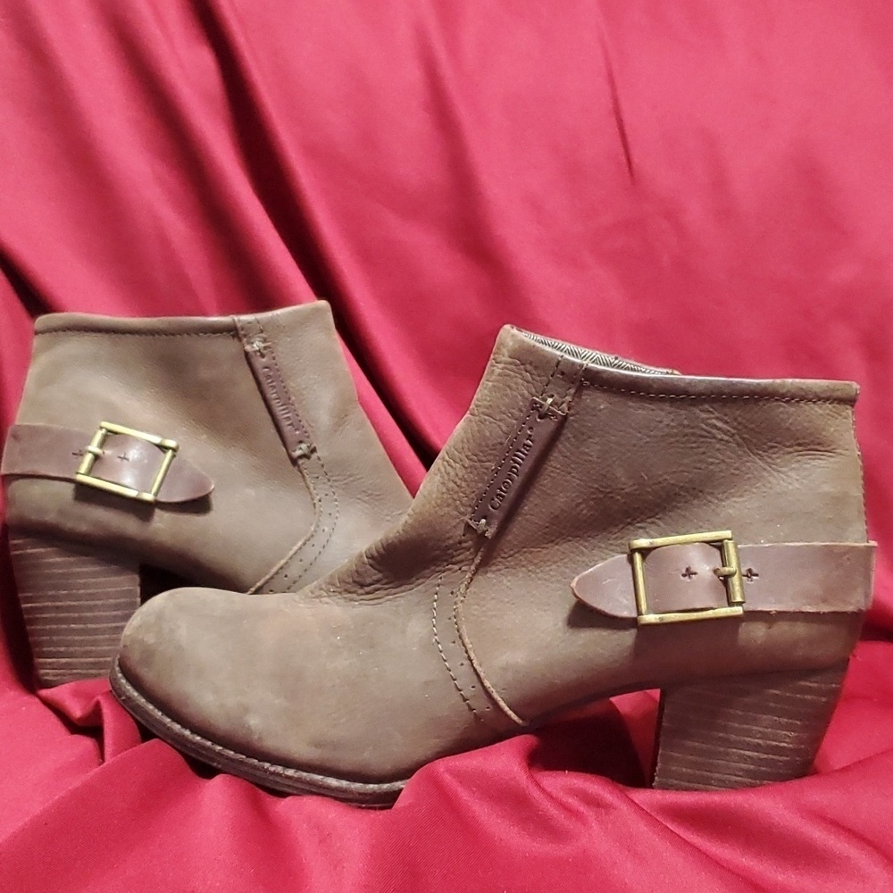 Caterpillar taupe brown heeled ankle boots with buckle detail